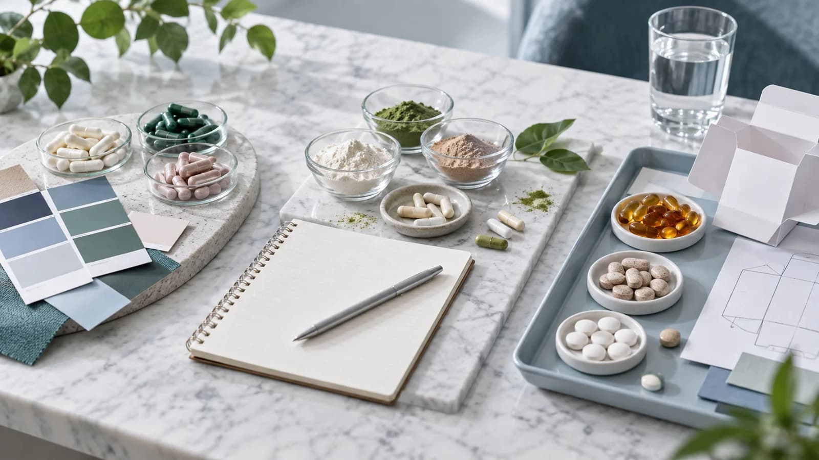 Illustrative supplement samples and product-planning materials for comparing OEM, ODM and CDMO projects