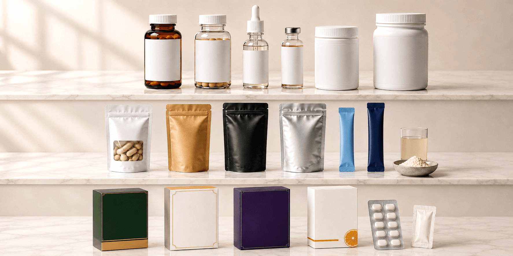 Bottle, pouch, sachet, stick pack, carton and blister options for private label supplement packaging