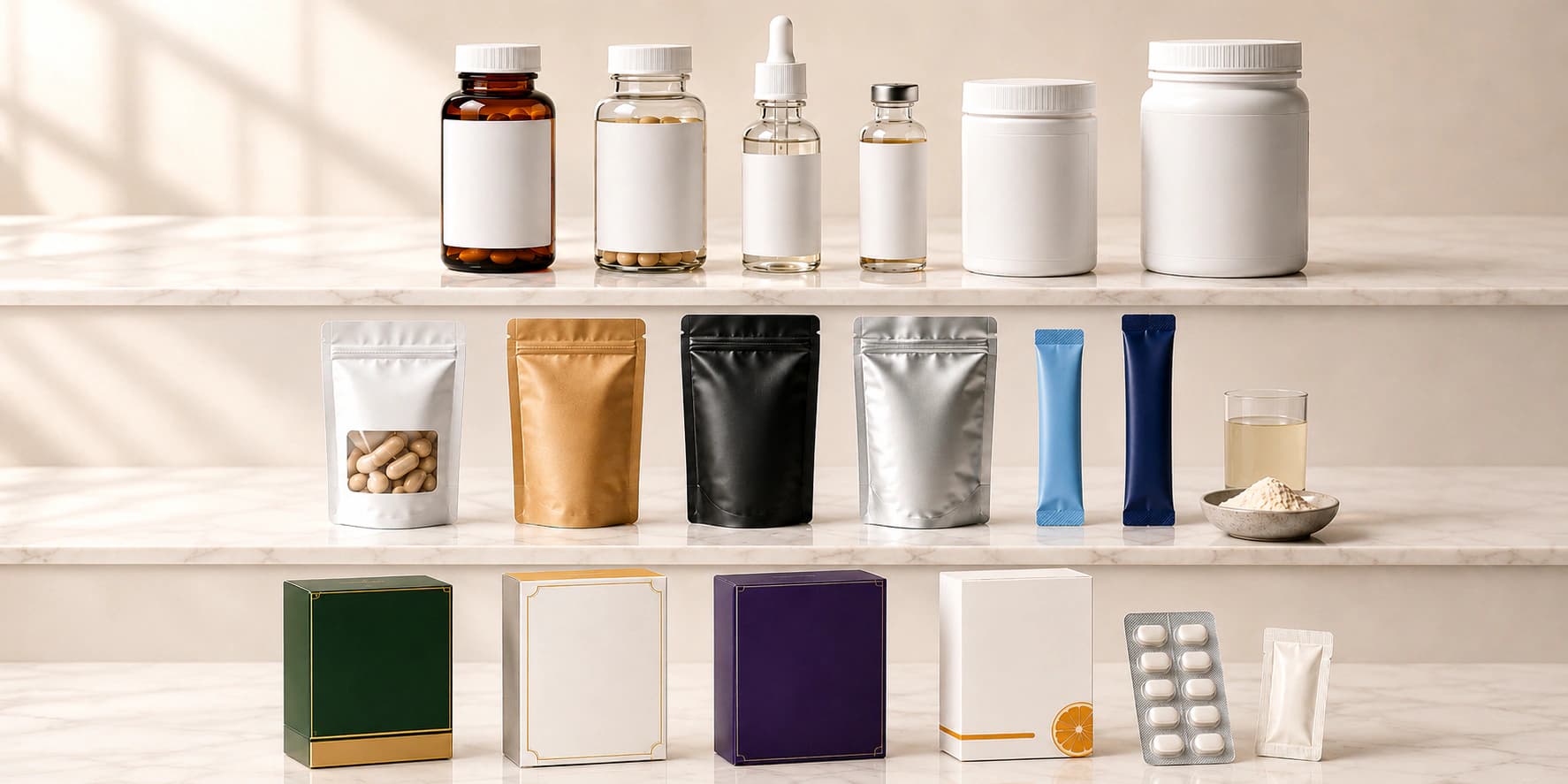 Supplement bottles, pouches, cartons and labels for private label product planning