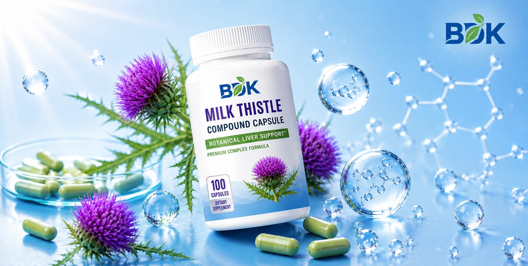 BDK milk thistle compound capsule bottle prepared for a private-label project example
