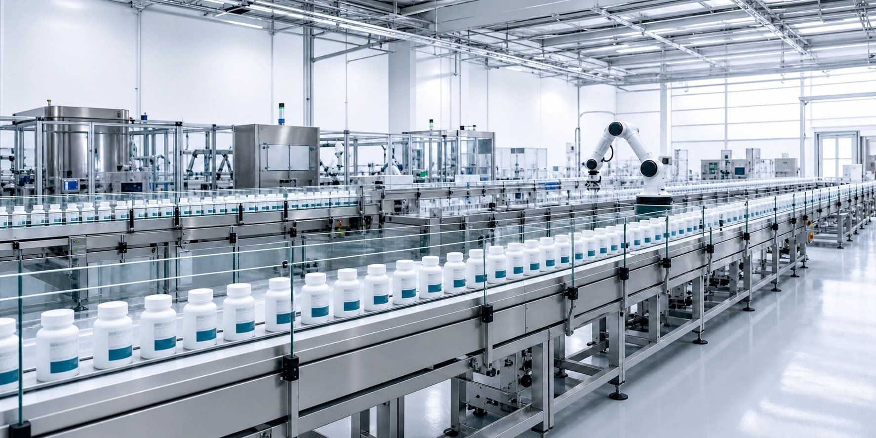 Wide automated supplement production line supporting dosage form manufacturing coordination