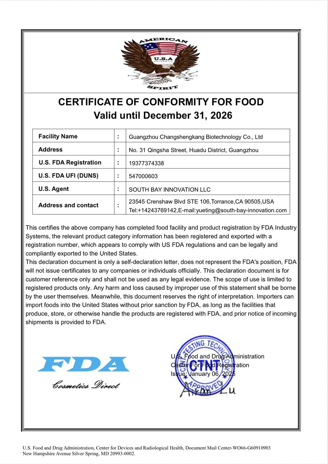 Food facility registration document with the organization name redacted for public display.