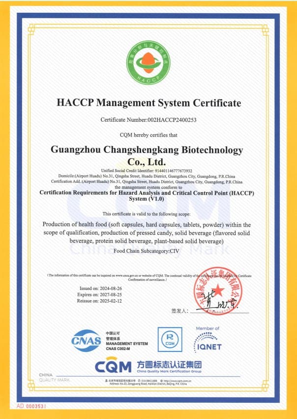 HACCP management system certificate with the organization name redacted for public display.