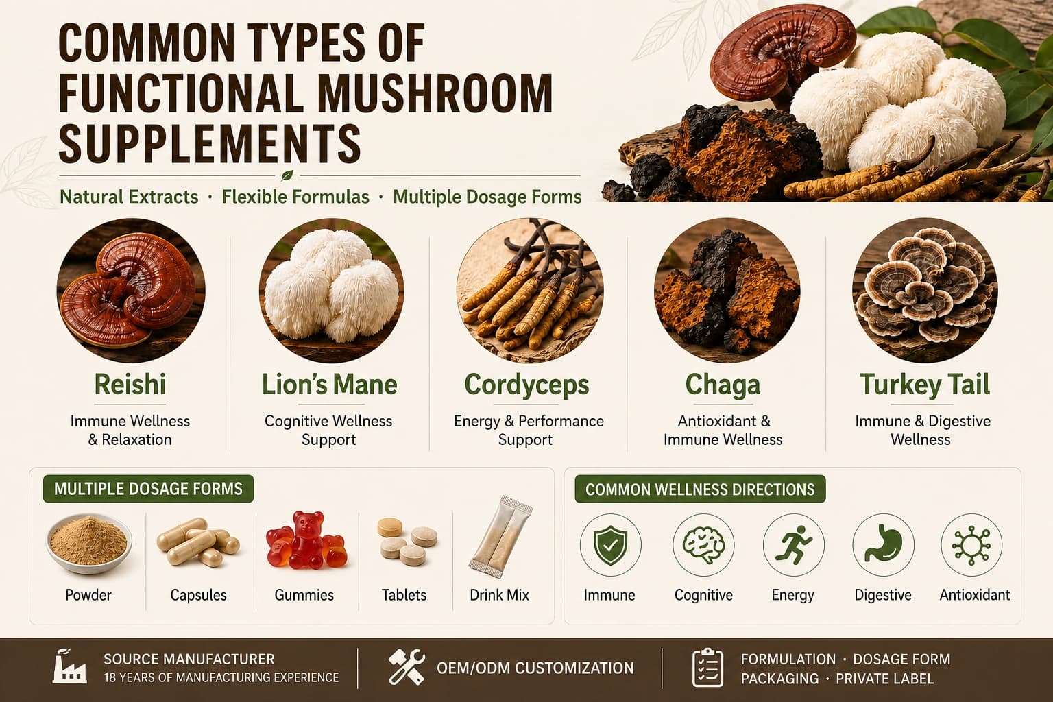 Common functional mushroom supplement types, dosage forms and wellness positioning
