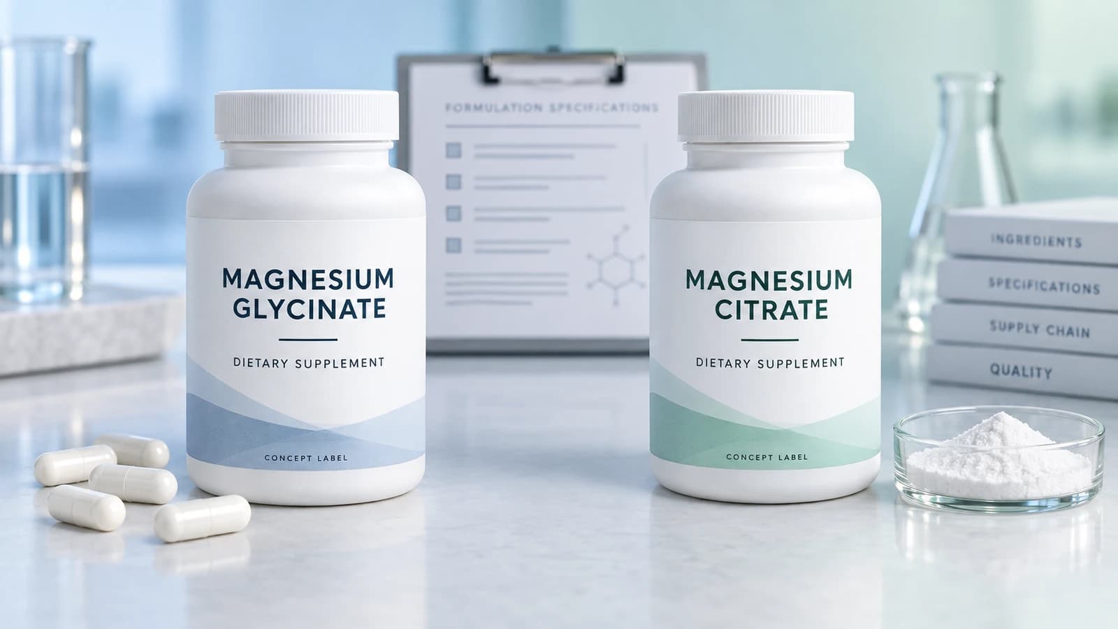 Illustrative magnesium glycinate and magnesium citrate supplement bottle concepts with capsules and powder