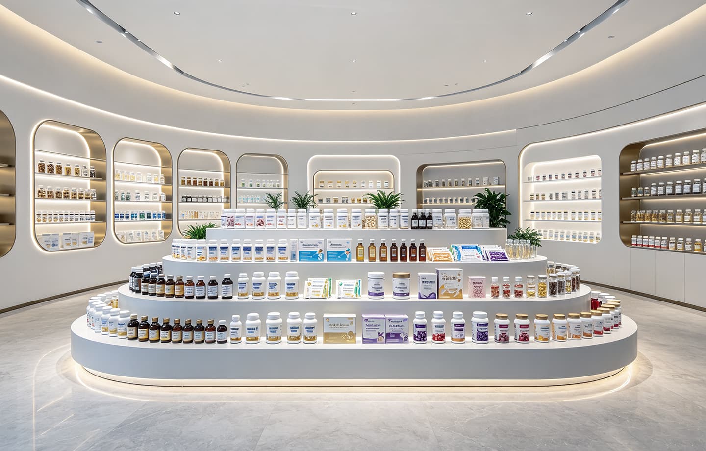Supplement product samples displayed in a product showroom