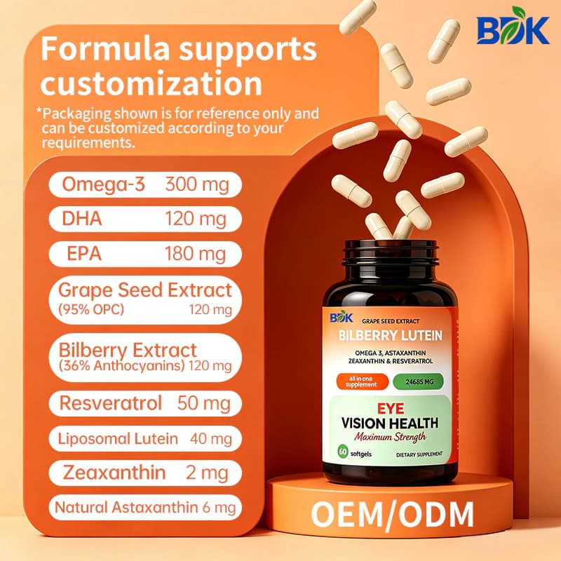 Bilberry Lutein Softgels supplied product information with ingredients, serving size and cautions