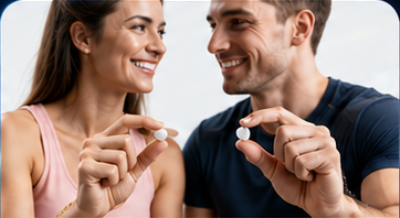 Woman and man holding supplements for demographic-focused wellness product projects